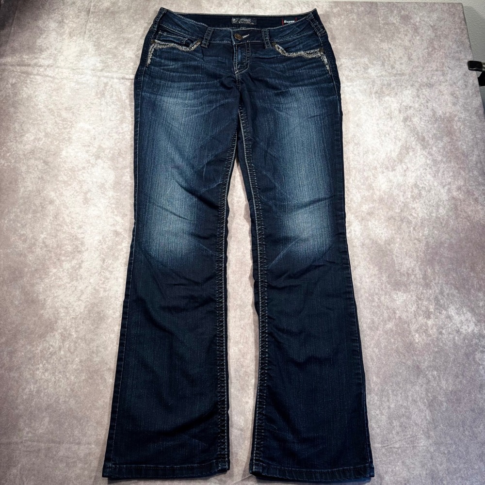 Silver Jeans Co Suki Mid Slim Bootcut Dark Wash Embroidered Studded W32 L33 - Picture 2 of 11